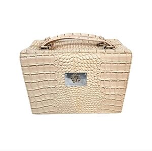 Roberto Cavalli Beige Croc Embossed Large Trunk Bag New
